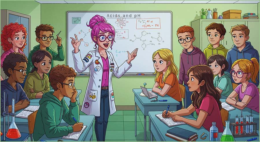 Teacher giving a lesson to a class of students on acids and pH.